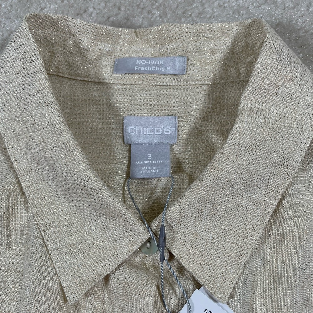 NWT Chico's No-Iron Linen Metallic Shirt Womens 3 (16) Gold Sand 3/4 Sleeve - Picture 8 of 10